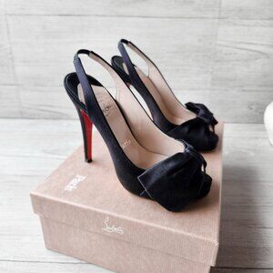 Christian Louboutin Black Satin Bow Accents Slingback Pumps - Size 35.5